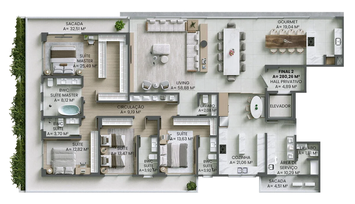 Planta do apartamento final 2 do Brava Concetto — 280,26 m²